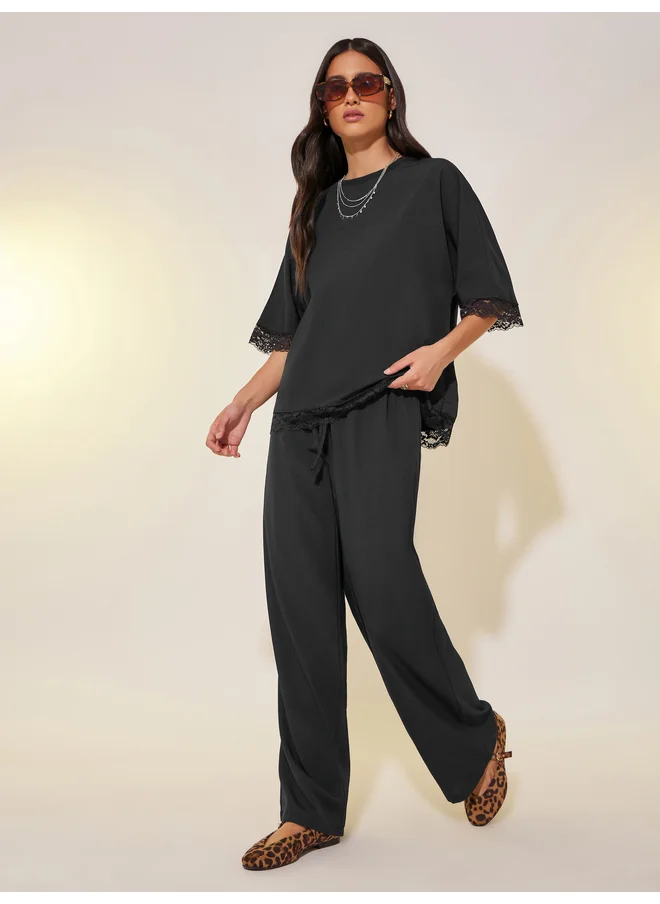 تايك تو Take Two Lace Detail Short Sleeve Top and Pants Co-Ords