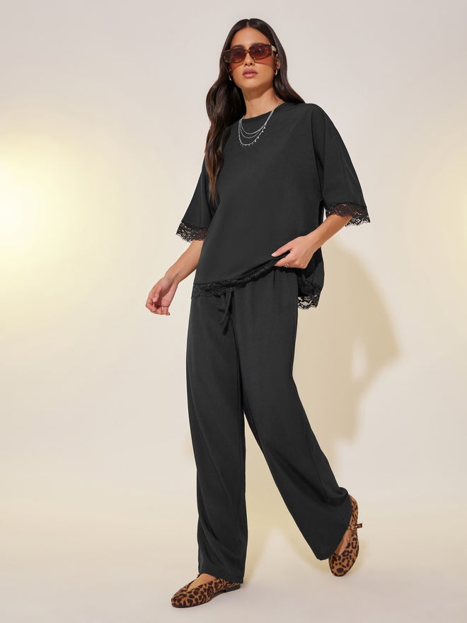 Take Two Take Two Lace Detail Short Sleeve Top and Pants Co-Ords - Image 1