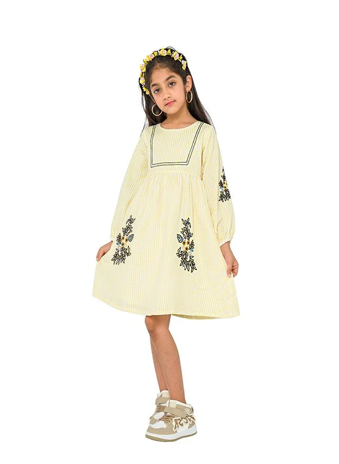 بيبي كلو Charming yellow striped dress with embroidery for girls