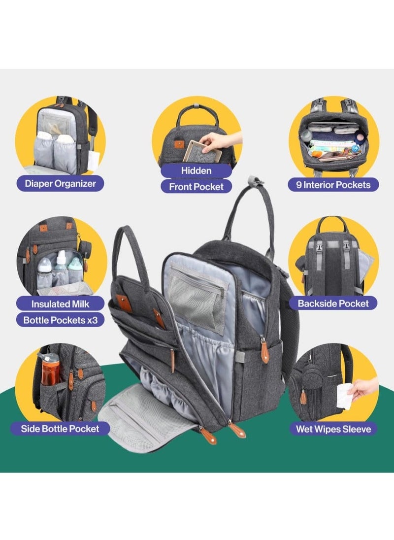 BabbleRoo Multifunctional Waterproof Diaper Bag, Essential Travel Baby Tote with Changing Pad, Baby Carrier and Pacifier Cover - Unisex, Dark Grey - Image 2