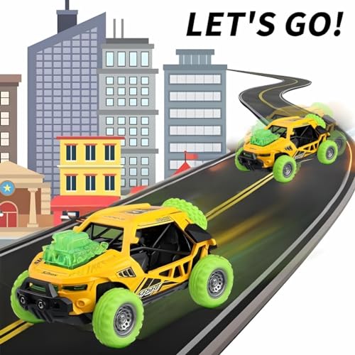 PLUSPOINT Diecast Predator Toy Car Model Pull Back Vehicles Alloy Simulation Crash car Monster Truck with Lights and Sound Also for Car Dashboard,Kids, Yellow - Image 3