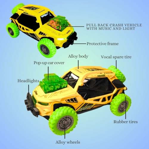 PLUSPOINT Diecast Predator Toy Car Model Pull Back Vehicles Alloy Simulation Crash car Monster Truck with Lights and Sound Also for Car Dashboard,Kids, Yellow - Image 5