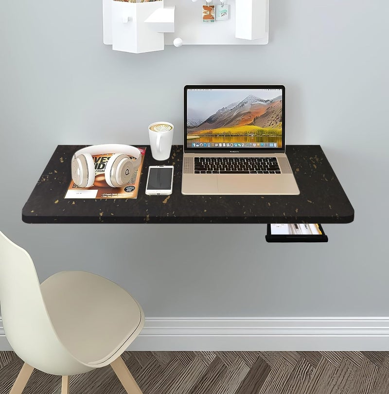 QARA Wooden 16 X 24 Inch Wall Mounted Foldable Table | Wall Mount Table | Wall Laptop Desk With Drawer (Black) - Image 2