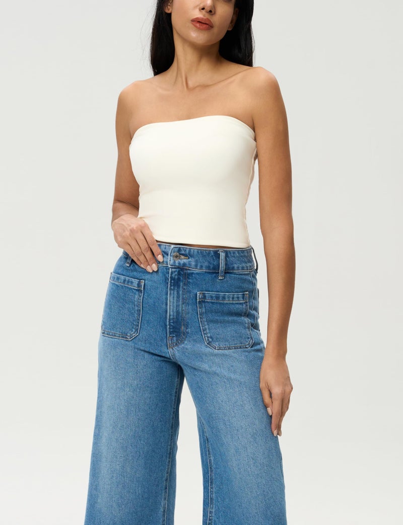 AJISAI Womens Double Lined Tube Tops Crop Going Out Tops Strapless Tank Summer Top 2026 Cream XS - Image 3
