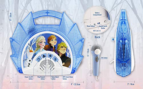 eKids Frozen 2 Sing Along Boombox with Microphone, Built in Music, Flashing Lights, Real Working Mic for Kids Karaoke Machine, Connects Mp3 Player Aux in Audio Device - Image 3