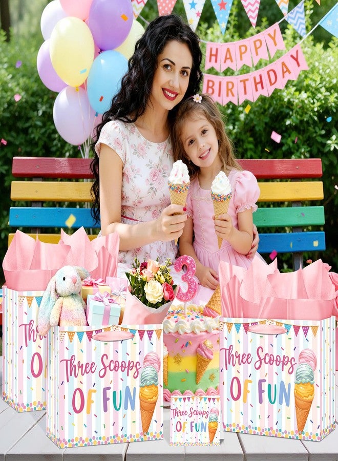 Wayyogh Three Scoops of Fun Gift Bag for Girls Pink Ice Cream Happy 3rd Birthday Wrapping Paper Bag with Greeting Card Tissue Paper Summer Sweet Three Wrap Bag for Kid 3 Year Old Candy Baby Shower Supplies - Image 5