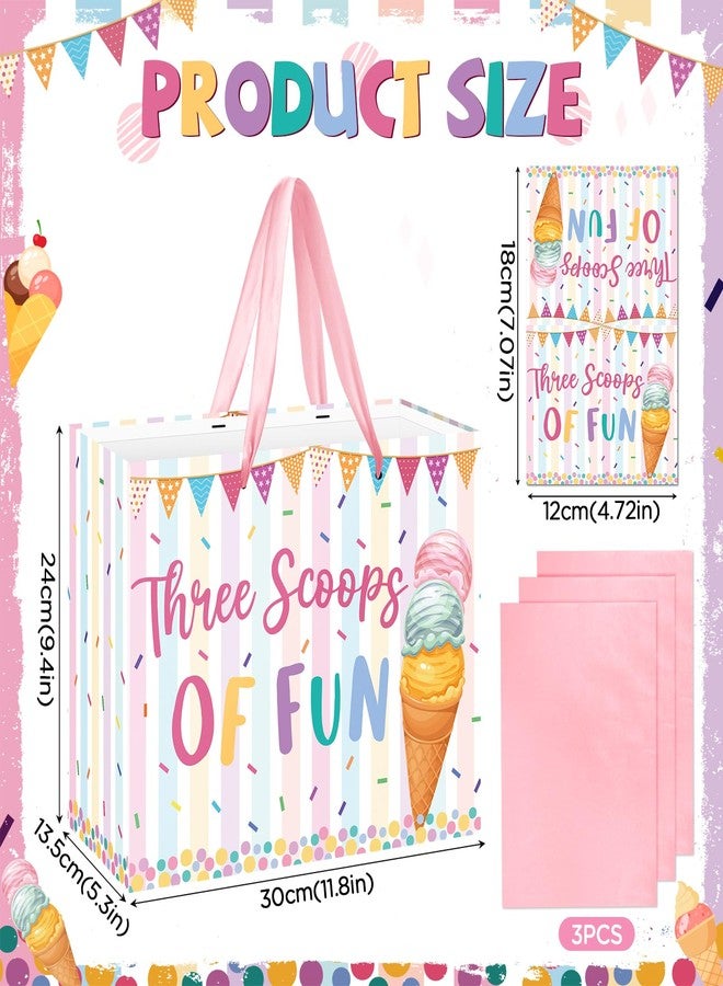 Wayyogh Three Scoops of Fun Gift Bag for Girls Pink Ice Cream Happy 3rd Birthday Wrapping Paper Bag with Greeting Card Tissue Paper Summer Sweet Three Wrap Bag for Kid 3 Year Old Candy Baby Shower Supplies - Image 3
