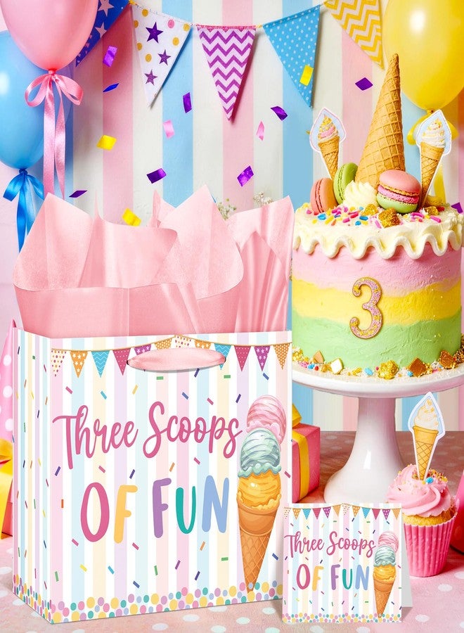 Wayyogh Three Scoops of Fun Gift Bag for Girls Pink Ice Cream Happy 3rd Birthday Wrapping Paper Bag with Greeting Card Tissue Paper Summer Sweet Three Wrap Bag for Kid 3 Year Old Candy Baby Shower Supplies - Image 4
