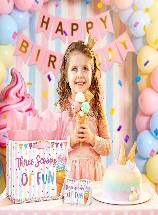 Wayyogh Three Scoops of Fun Gift Bag for Girls Pink Ice Cream Happy 3rd Birthday Wrapping Paper Bag with Greeting Card Tissue Paper Summer Sweet Three Wrap Bag for Kid 3 Year Old Candy Baby Shower Supplies - Image 2