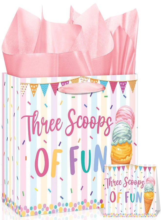 Wayyogh Three Scoops of Fun Gift Bag for Girls Pink Ice Cream Happy 3rd Birthday Wrapping Paper Bag with Greeting Card Tissue Paper Summer Sweet Three Wrap Bag for Kid 3 Year Old Candy Baby Shower Supplies - Image 1