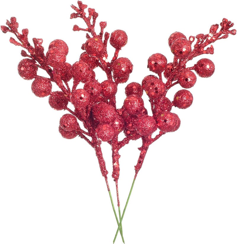 Lvydec 16pcs Christmas Glitter Berries Stems Clearance, 7.8" Artificial Christmas Picks for Christmas Tree Ornaments, DIY Xmas Wreath, Crafts, Holiday and Home Decor (Red) - Image 1