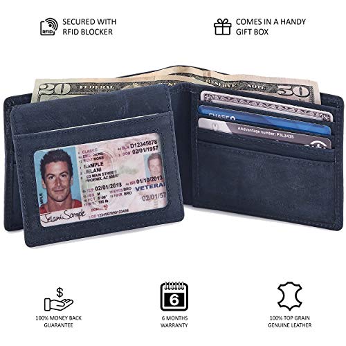 Cochoa Bifold Wallet for Men's Real Genuine Slim Leather RFID Blocking 2 ID Windows Stylish Travel Gift Box (CRAZY HORSE, NAVY) - Image 5