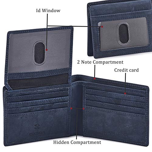 Cochoa Bifold Wallet for Men's Real Genuine Slim Leather RFID Blocking 2 ID Windows Stylish Travel Gift Box (CRAZY HORSE, NAVY) - Image 4