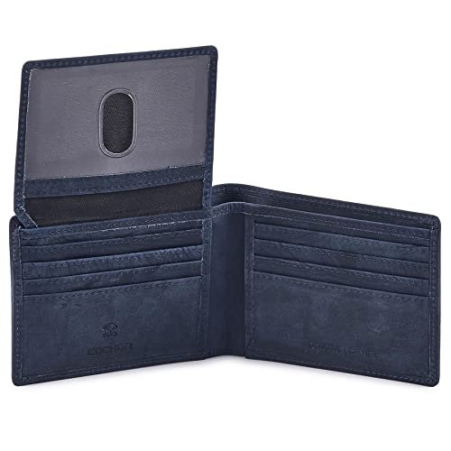Cochoa Bifold Wallet for Men's Real Genuine Slim Leather RFID Blocking 2 ID Windows Stylish Travel Gift Box (CRAZY HORSE, NAVY) - Image 1