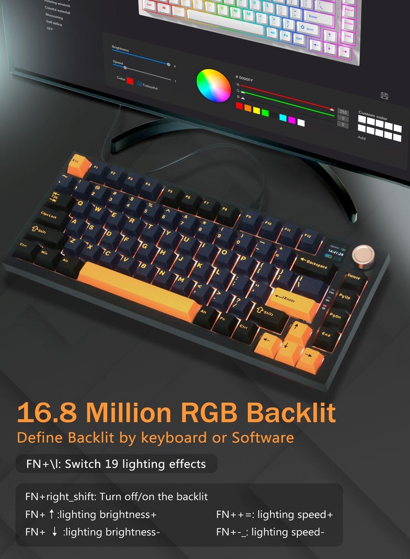 75% Wireless Mechanical Gaming Keyboard, Creamy Sound, Hot Swappable, Pre-lubed Linear Switches, Gasket Structure, Multimedia Display, RGB Backlit, 2.4GHz/USB/BT5.0, Custom Keyboard for Win/Mac