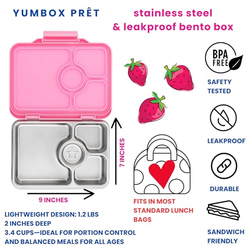 Yumbox Prêt Stainless Steel Leakproof Bento Lunch Box, Sandwich Friendly, Food Safe, Compact, Lightweight, Perfect for Kids Lunch, Adult Lunch, Portion Control and Food Prep (Versailles Pink) - Image 3