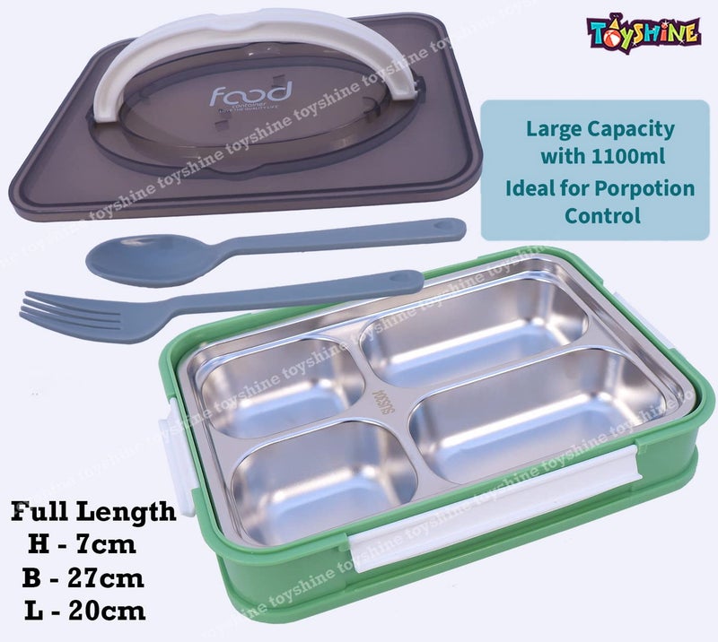 Toyshine Stainless Steel Bento Box for Kids and Adults 4 Compartments Dry Food Storage Container FoodSafe Materials with Handle Green - Image 3