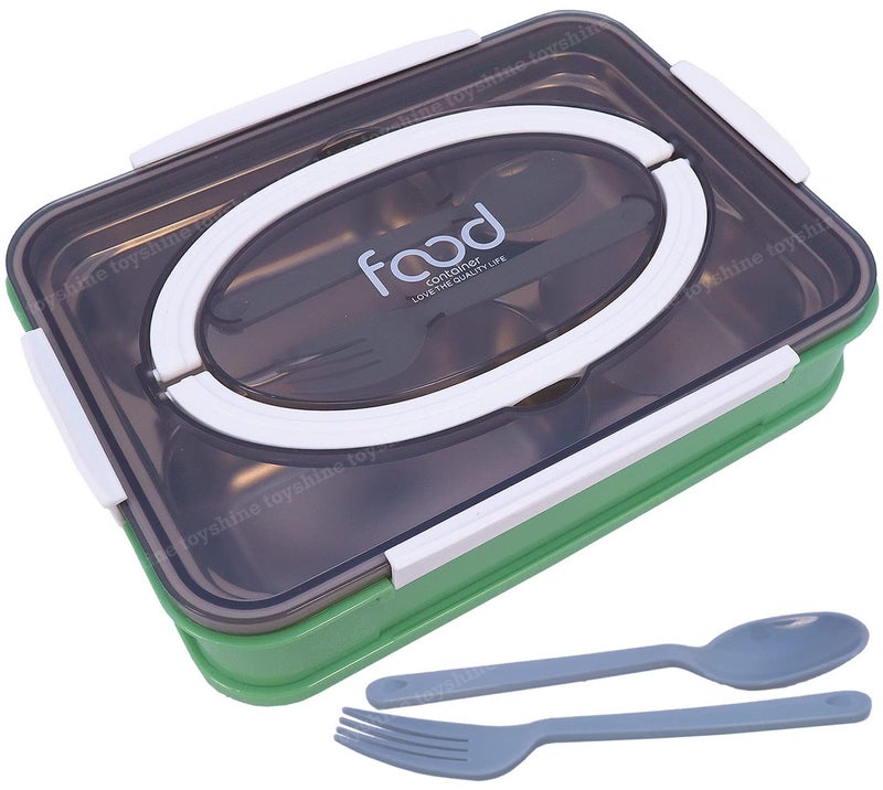 Toyshine Stainless Steel Bento Box for Kids and Adults 4 Compartments Dry Food Storage Container FoodSafe Materials with Handle Green - Image 1