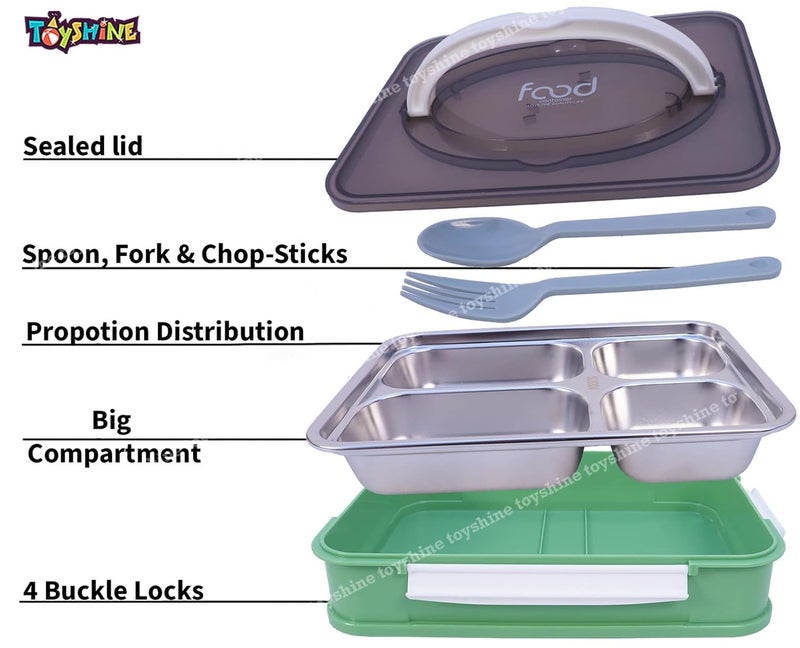 Toyshine Stainless Steel Bento Box for Kids and Adults 4 Compartments Dry Food Storage Container FoodSafe Materials with Handle Green - Image 2