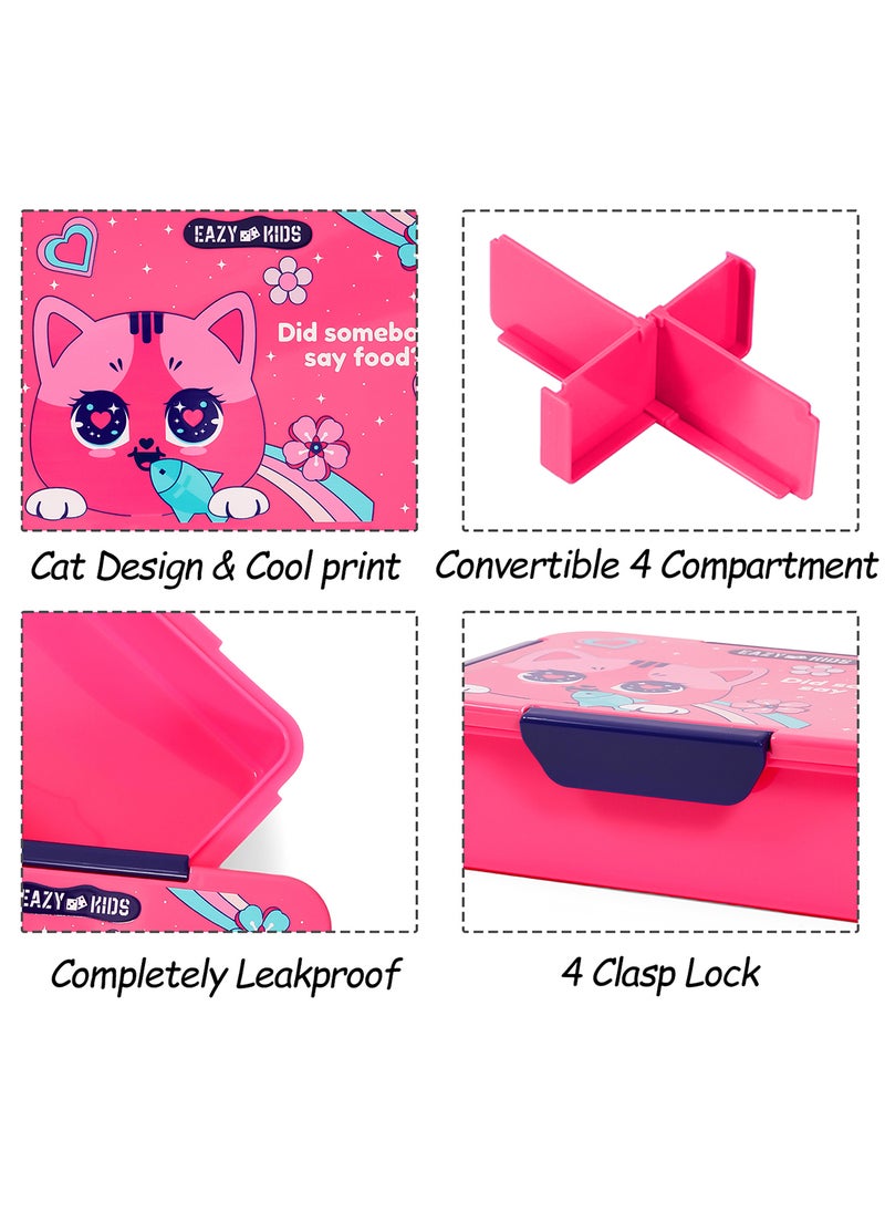 Eazy Kids - 1, 2, 3, 4 Compartment Convertible Bento Lunch Box Cat - Pink 850Ml - Image 1