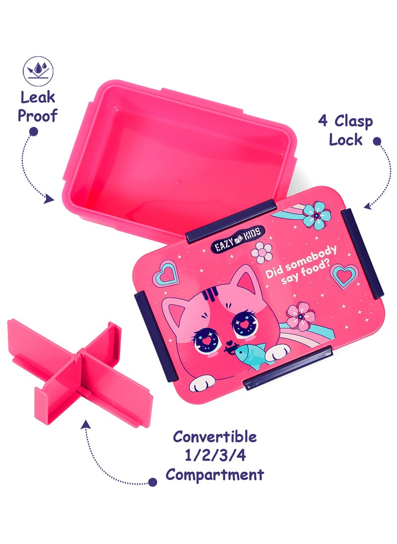 Eazy Kids - 1, 2, 3, 4 Compartment Convertible Bento Lunch Box Cat - Pink 850Ml - Image 1
