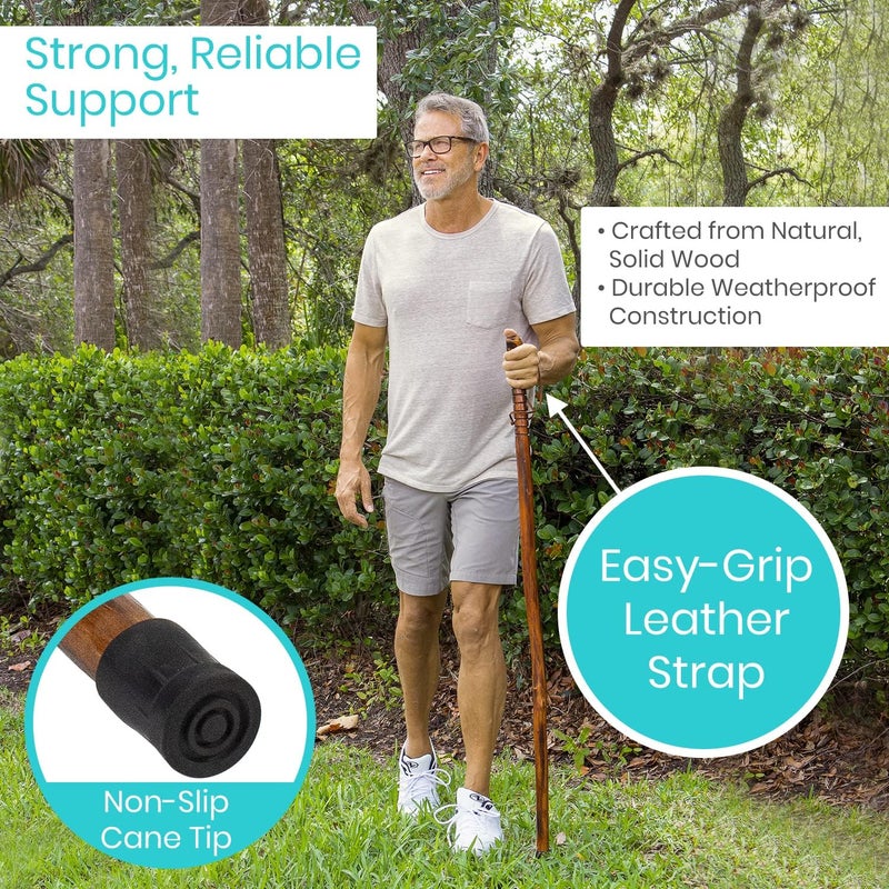 Vive Wooden Walking Stick for Hiking - Handcrafted, Waterproof with Leather Wrist Strap - Wood Staff for Balance, Women, Men, Seniors - Non-Slip Tip for Safety & Support - Image 2