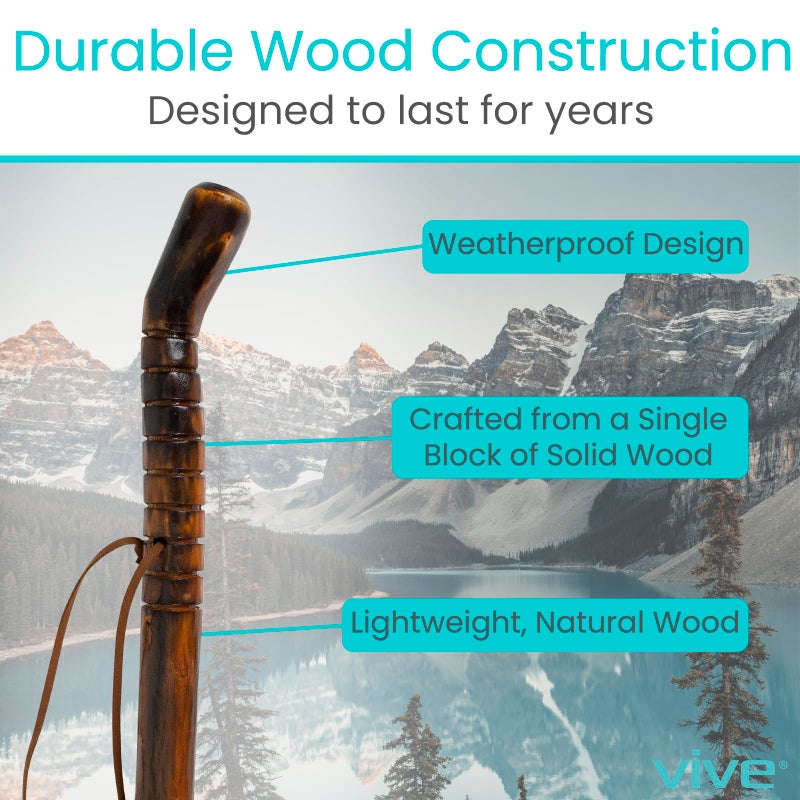 Vive Wooden Walking Stick for Hiking - Handcrafted, Waterproof with Leather Wrist Strap - Wood Staff for Balance, Women, Men, Seniors - Non-Slip Tip for Safety & Support - Image 3