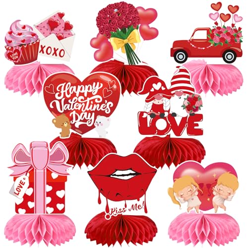 JULMELON Valentines Table Decorations Honeycomb Centerpiece 8pcs Valentines Day Centerpieces for Tables 3D Valentines Day Table Decor Heart Table Toppers for Valentines Party Decorations - Image 1
