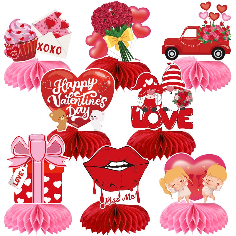 JULMELON Valentines Table Decorations Honeycomb Centerpiece 8pcs Valentines Day Centerpieces for Tables 3D Valentines Day Table Decor Heart Table Toppers for Valentines Party Decorations - Image 3