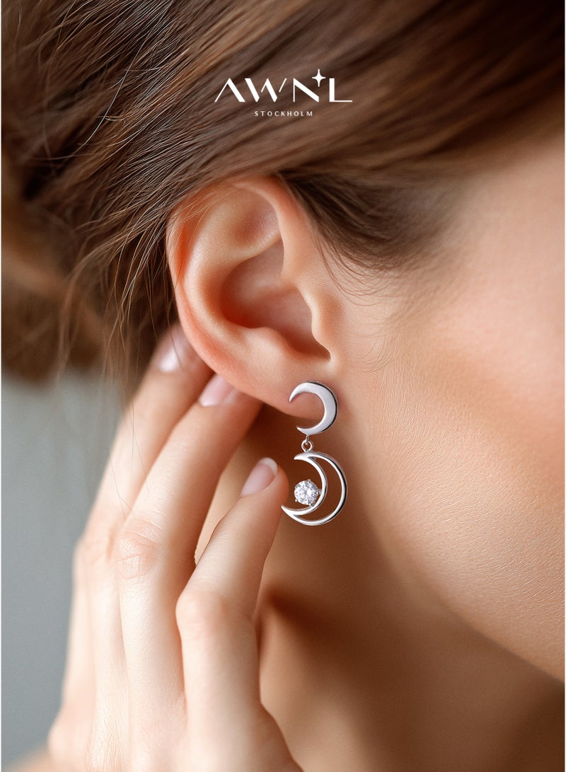 AWNL Twin Moon Revelation Earrings for Women – Sterling Silver Elegance Adorned with White Zirconia, Middle East Exclusive Collection - Image 1