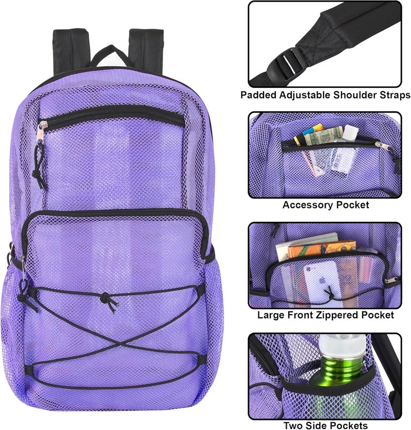 Trailmaker Deluxe See Through Mesh Backpack with Bungee Cord & Adjustable Padded Straps for Swimming, Travel (Lavender) - Image 2