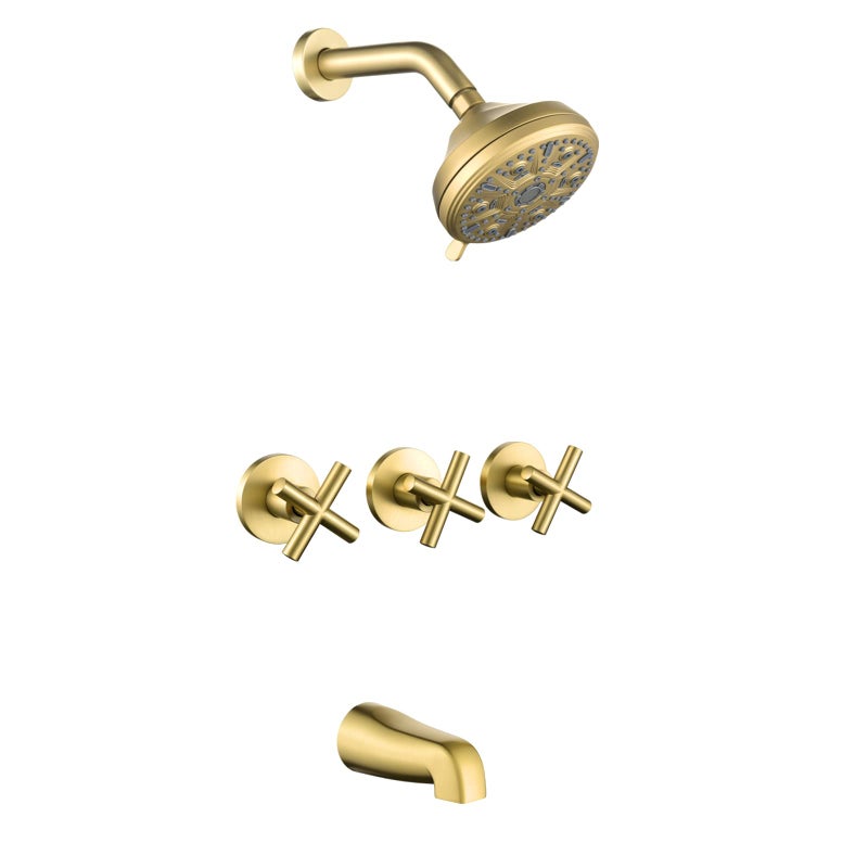 3 Handles Shower Faucet Set with Tub Spout Bathtub Shower Faucet Combo Set Shower System Complete Tub and Shower Trim Kit Brushed Gold
