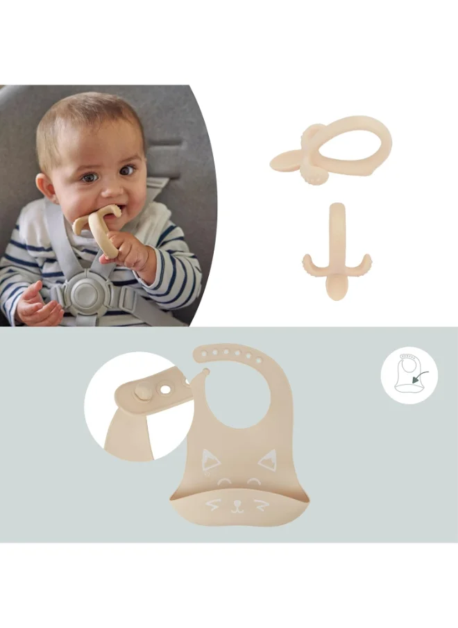 babymoov 3 - Pieces Silicone Bowl, Spoon And Bib Weaning Set In Peach, Bpa - Free, Bowl With Suction Base, Ergonomic Spoon, Adjustable Bib