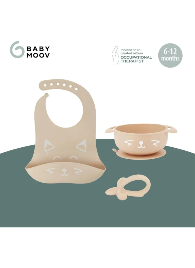 babymoov 3 - Pieces Silicone Bowl, Spoon And Bib Weaning Set In Peach, Bpa - Free, Bowl With Suction Base, Ergonomic Spoon, Adjustable Bib