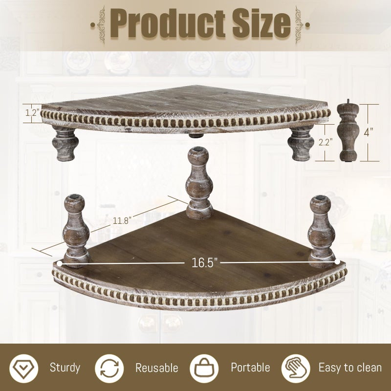 MAONAME Vintage Brown Corner Pedestal Stand, Rustic Decorative Riser for Display, Farmhouse Wood Corner Counter Shelf with Beaded - Image 2