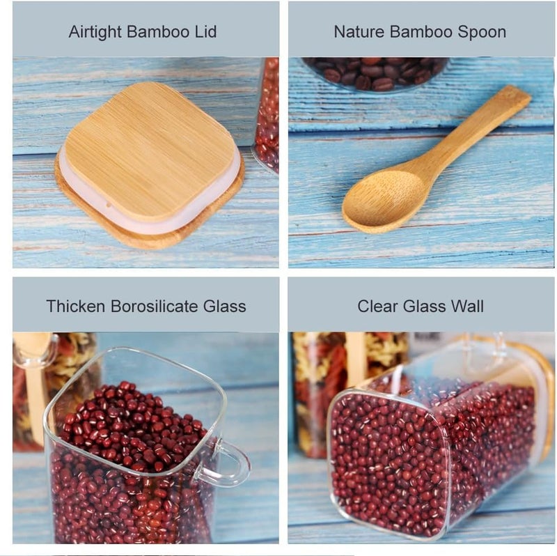 Jinelza Airtight Sealed Clear Rectangular Food Storage Jar Glass Clear Airtight Wide Mouth Sealed Rectangular Grain Canister with Spoon Wooden Lid 1000 Ml Square Jar 6 Pcs - Image 3