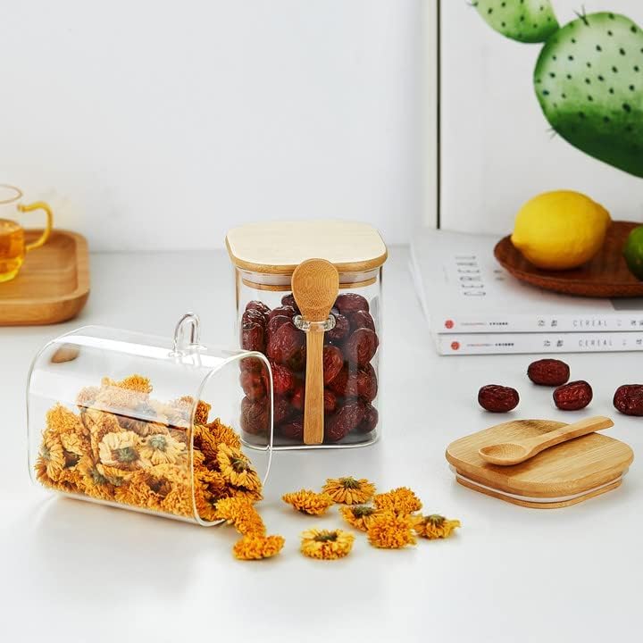 Jinelza Airtight Sealed Clear Rectangular Food Storage Jar Glass Clear Airtight Wide Mouth Sealed Rectangular Grain Canister with Spoon Wooden Lid 1000 Ml Square Jar 6 Pcs - Image 2