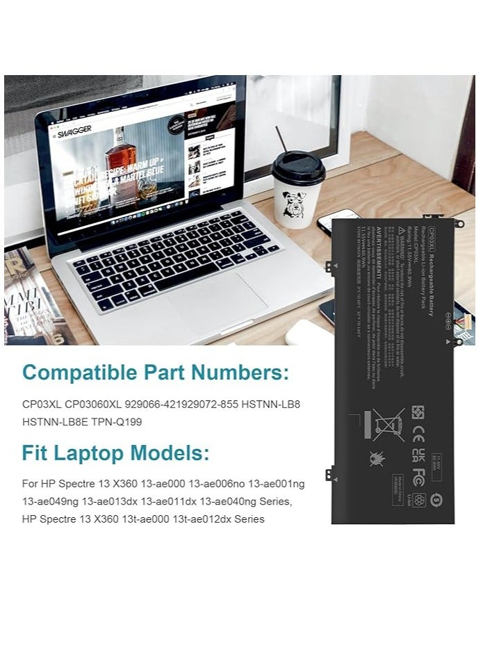 Terabyte Replacement  60.9Wh CP03XL Laptop Battery for HP Spectre 13 X360 13-ae000 13-ae049ng 13-ae040ng 13-ae006no 13-ae001ng 13t-ae000 13t-ae012dx CP03 060XL 9 929066-421 929072-855 HSTNN-LB8 HSTNN-LB8E TPN-Q199 - Image 2