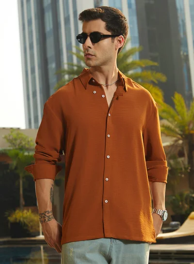 Campus Sutra Men's Rust Orange Breezy Wrinked Shirt