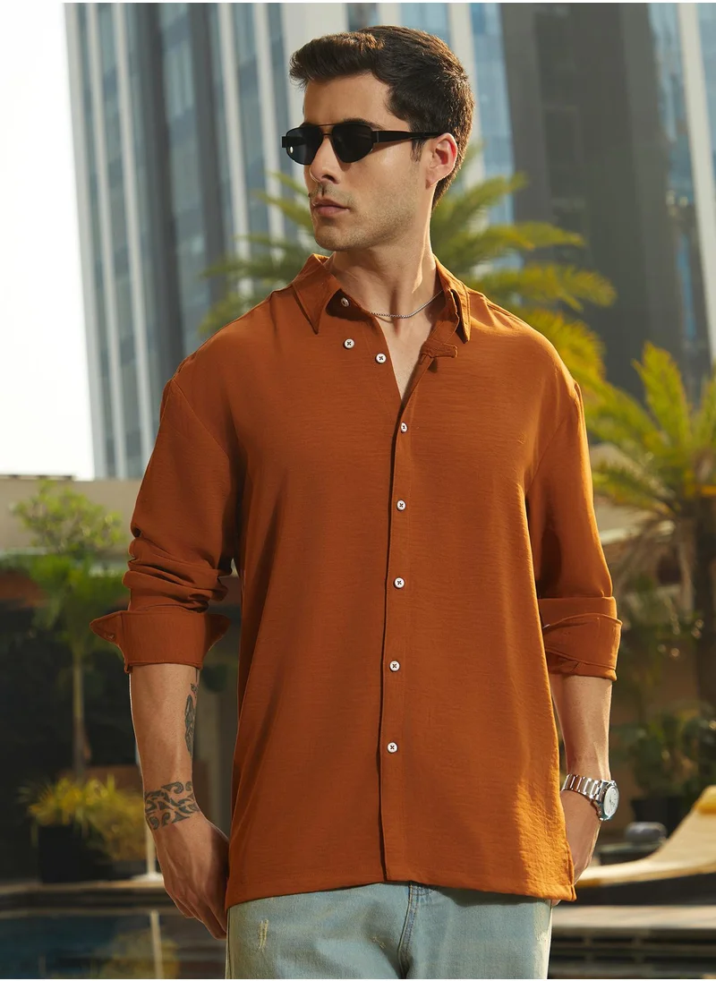 Campus Sutra Men's Rust Orange Breezy Wrinked Shirt