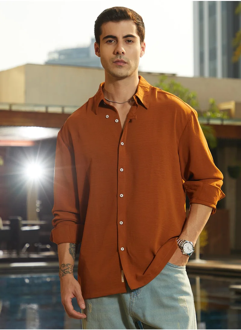 Campus Sutra Men's Rust Orange Breezy Wrinked Shirt