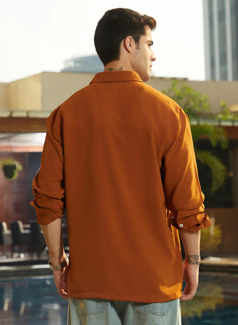 Campus Sutra Men's Rust Orange Breezy Wrinked Shirt