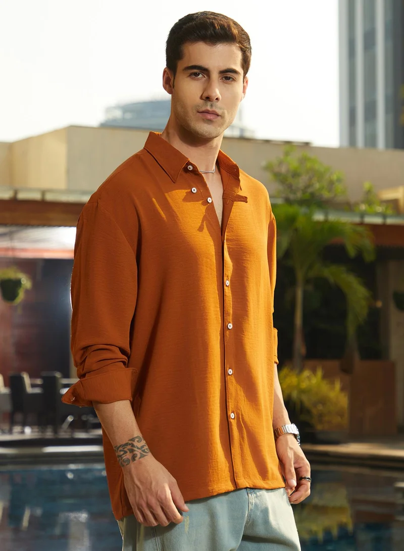 Campus Sutra Men's Rust Orange Breezy Wrinked Shirt
