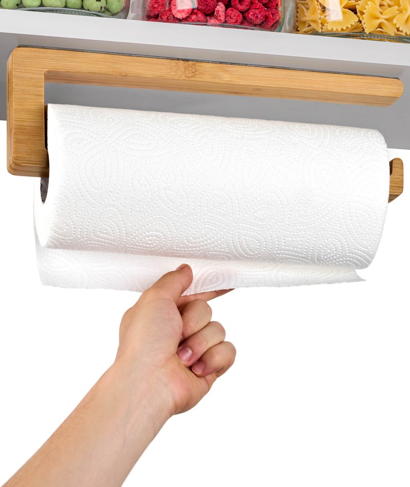 Praknu Kitchen Roll Holder Under Cabinet  FSC Bamboo Paper Towel Holder  SelfAdhesive Strong Hold  Easy Assembly  Fits Standard  XXL Rolls