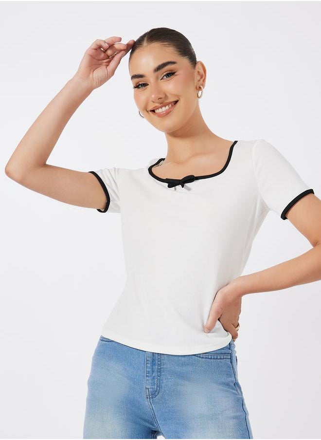 Styli Solid Ribbed Top with Piping Detail & Square Neck  - Image 3