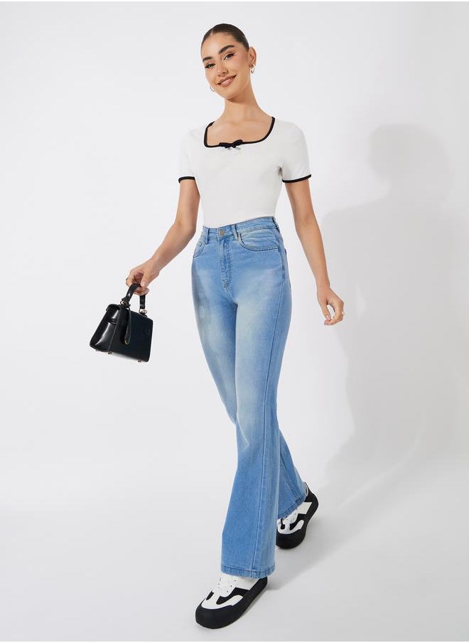 Styli Solid Ribbed Top with Piping Detail & Square Neck  - Image 2
