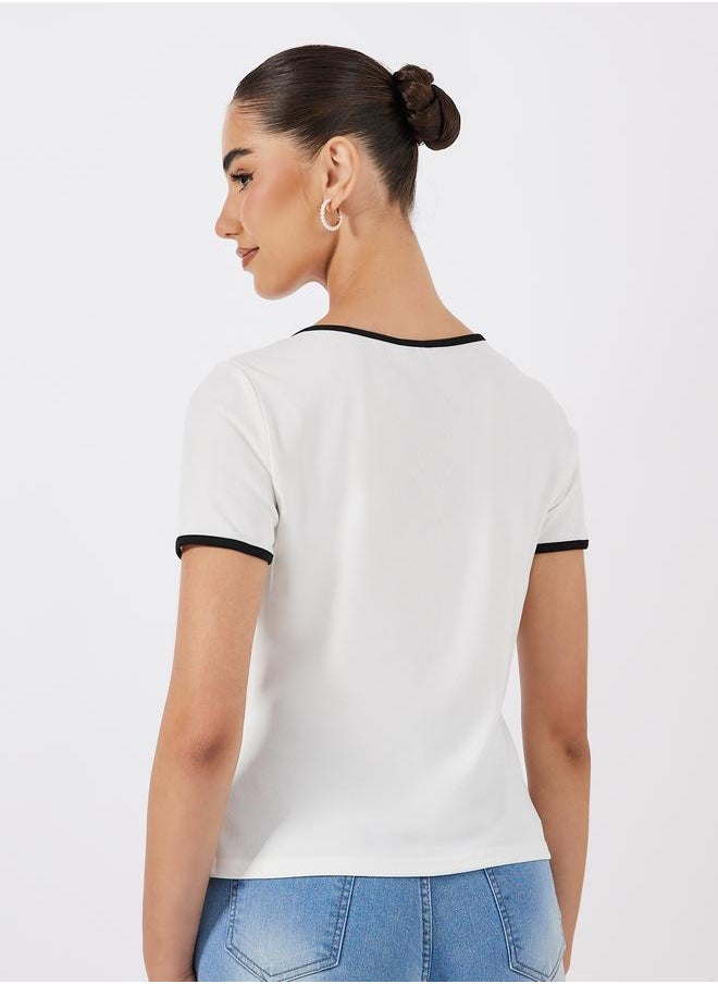 Styli Solid Ribbed Top with Piping Detail & Square Neck  - Image 5