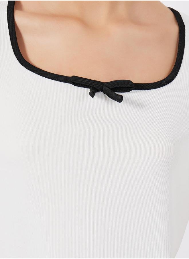 Styli Solid Ribbed Top with Piping Detail & Square Neck  - Image 4