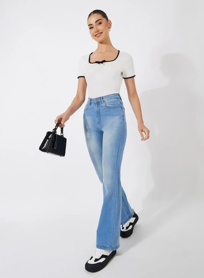 Styli Solid Ribbed Top With Piping Detail & Square Neck