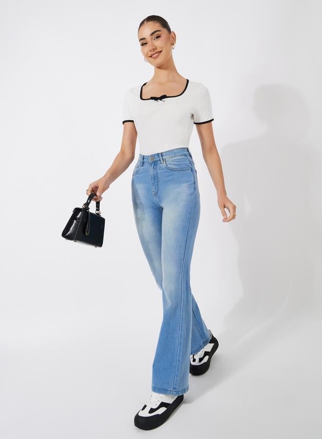 ستايلي بلوزة سادة مضلعة بلمسة أنابيب وياقة مربعة - Image 2